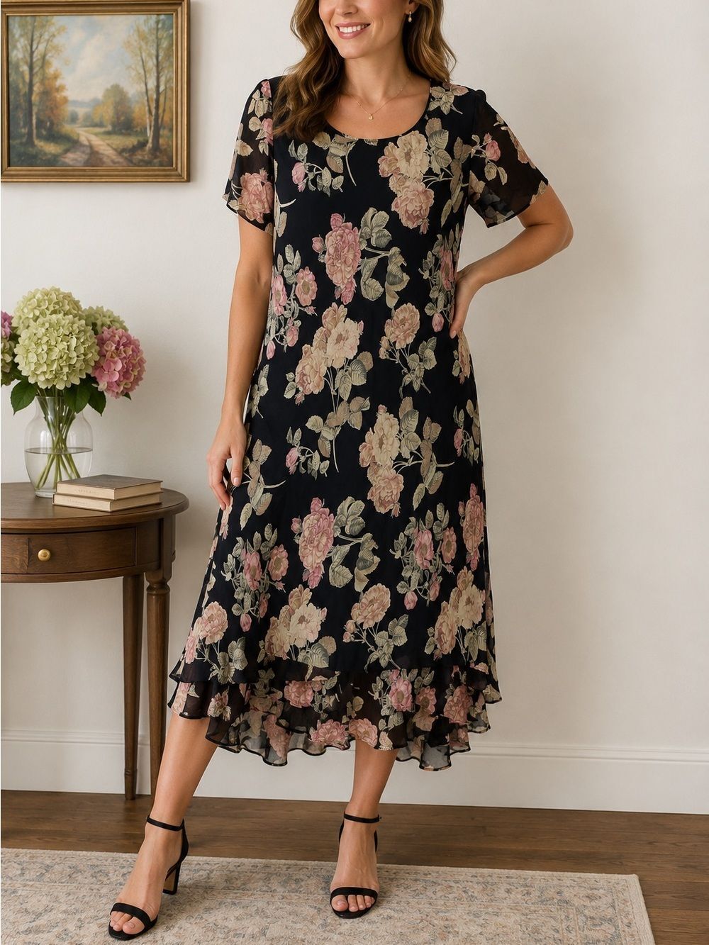 Carole Little Black Floral Midi Dress Ruffle Hem Short Sleeve Size 16 Vintage